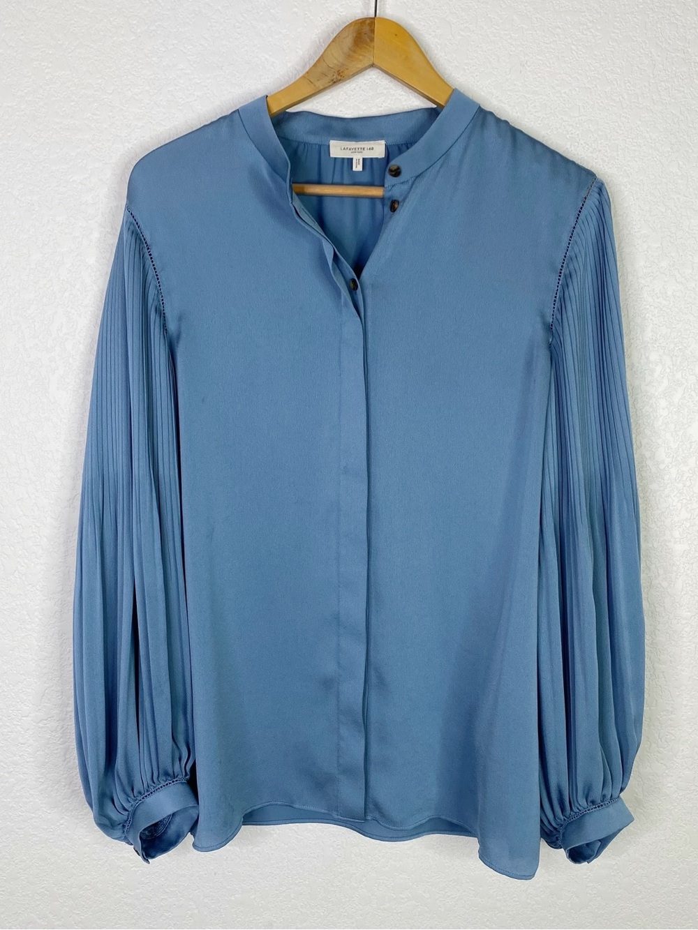 Lafayette 148 Cypress Blue Layla Plisse Sleeve Satin Blouse